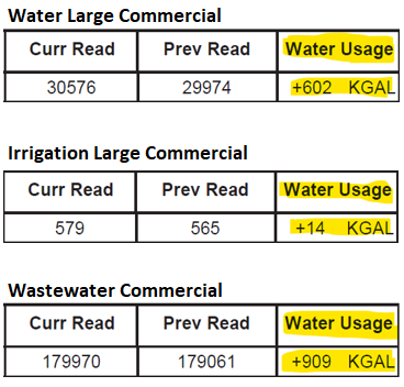 Table 1 - Water Large Commercial - Header Curr Read Value 30576, Header Prev Read Value 29974, Header Water Usage Value +602 KGAL. Table 2 - Irrigation Large Commercial - Header Curr Read Value 579, Header Prev Read Value 565, Header Water Usage Val + 14 KGAL. Table 3 - Wastewater Commercial - Header Curr Read Value 179970, Header Prev Read Value 179061, Header Water Usage Value +909 KGAL