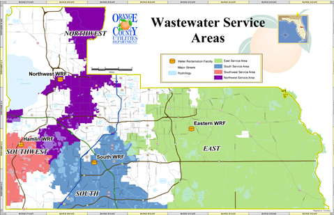 Map of Orange County, Florida Wastewater Service Areas. The Northwest Service Area serves unincorporated Orange County from near Apopka, extending south to just Chase Road just south of Lake Butler. The Northwest Water Reclamation Facility is located east of FL-429 and south of FL-414. The South Service Area serves unincorporated Orange County, beginning south of Tilden Road, moving east to Lake Conway, and south to the county border. The South Water reclamation Facility is located off Sand Lake Road, west of Florida’s Turnpike. The Eastern Service Area serves unincorporated Orange County from Lake Conway, extending to eastwardly to the northern, eastern, and southern county borders. The Eastern Water Reclamation Facility is located of Alafaya Trail, south of FL-408.