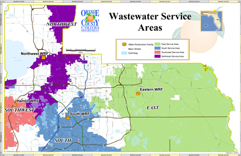 Mapa de las Áreas de Servicios de Aguas Residuales de del Condado de Orange, Florida. El Área de Servicios del Noroeste cubre la zona no incorporada del Condado de Orange desde cerca de Apopka, hacia el sur hasta Chase Road al sur de Lake Butler. La Planta de Reciclaje de Agua del Noroeste se encuentra ubicada al este de FL-429 y al sur de FL-414. El Área de Servicios del Sur cubre la zona no incorporada del Condado de Orange, desde el sur de Tilden Road, hacia el este hasta Lake Conway, y hacia el sur hasta el límite del condado. La Planta de Reciclaje de Agua del Sur se encuentra en Sand Lake Road, al oeste de la autopista de Florida. El Área de Servicios del Este cubre la zona no incorporada del Condado de Orange desde Lake Conway, hacia el este hasta los límites norte, este y sur del condado. La Planta de Reciclaje de Agua del este se encuentra en Alafaya Trail, al sur de FL-408.
