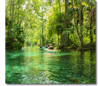 kayaker floating down a river